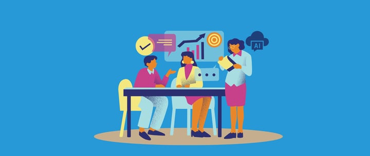 Illustration of people discussing AI around a table for the How AI Will Shape the M&A Deal Process blog by Safelink